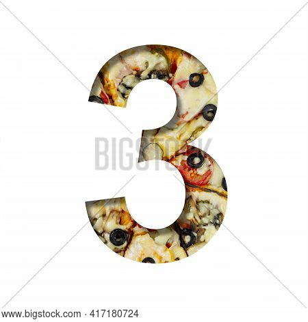 Fonts On Pizza Texture. Digit Three, 3, Cut Out Of Paper On A Background Of Real Pizza. Volumetric W