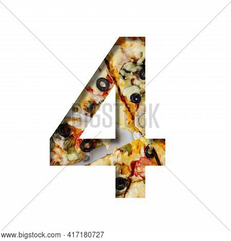 Fonts On Pizza Texture. Digit Four, 4, Cut Out Of Paper On A Background Of Real Pizza. Volumetric Wh