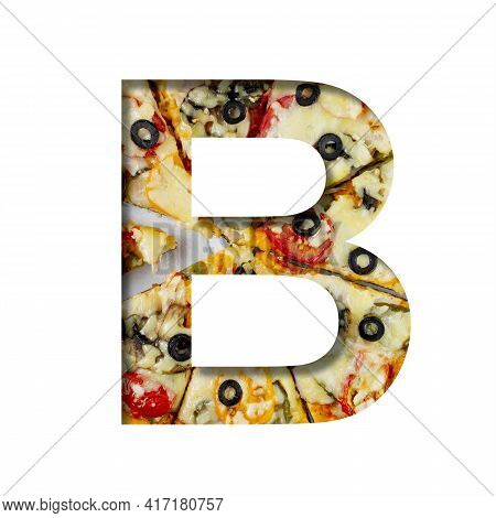 Font On Pizza Texture. Letter B, Cut Out Of Paper On A Background Of Real Pizza. Volumetric White Fo