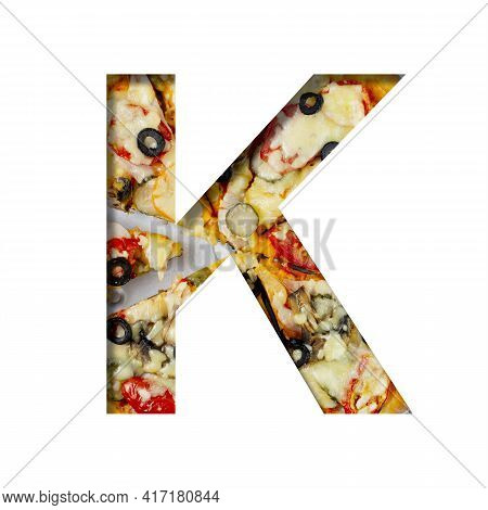 Font On Pizza Texture. Letter K, Cut Out Of Paper On A Background Of Real Mediterranean Pizza. Volum