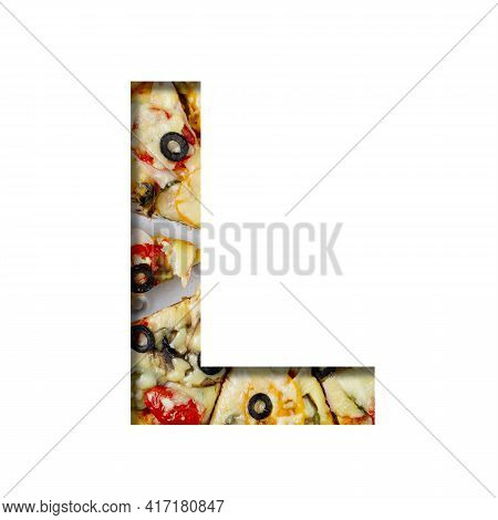 Font On Pizza Texture. Letter L, Cut Out Of Paper On A Background Of Real Mediterranean Pizza. Volum