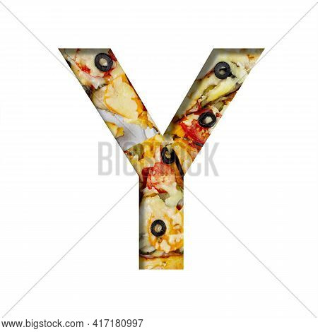 Font On Pizza Texture. Letter Y, Cut Out Of Paper On A Background Of Real Mediterranean Pizza. Volum