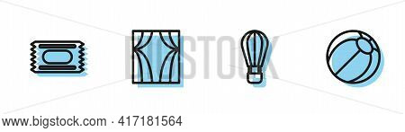 Set Line Hot Air Balloon, Circus Ticket, Curtain Raises And Beach Icon. Vector