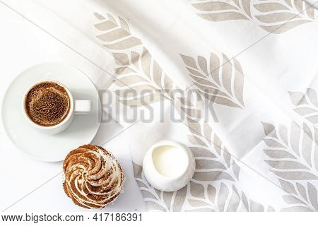 Black Coffee With Cupcakes And Muffins. Spice Cupcakes With Creamcheese Frosting Decorated With A Co
