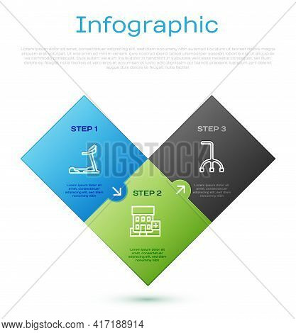 Set Line Treadmill Machine, Walking Stick Cane And Medical Hospital Building. Business Infographic T