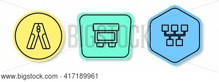 Set Line Car Battery Jumper Power Cable, Fuse And Gear Shifter. Colored Shapes. Vector
