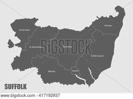 The Suffolk County Isolated Map Divided In Districts With Labels, England
