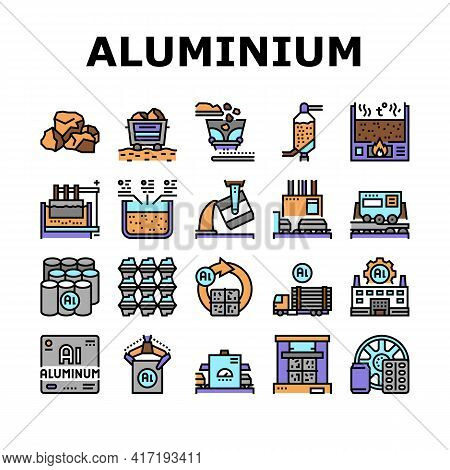Aluminium Production Collection Icons Set Vector. Processing Of Aluminium Production And Factory, Pr