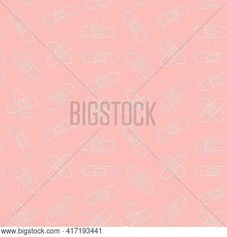 Sticking Plaster Vector Seamless Pattern, Hand Drawn Band Isolated On Pink Background