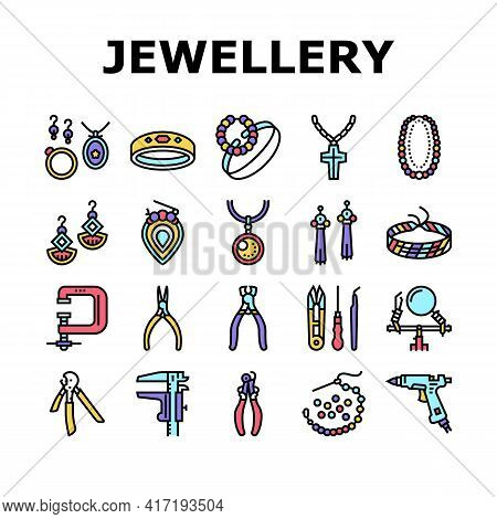Handmade Jewellery Collection Icons Set Vector. Baubles And Chains, Bijouterie And Bracelets, Rings 