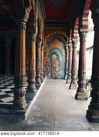 Varanasi, India - November 01, 2016: Interior Of An Empty Ancient Hindu Temple With Stone Carved Des