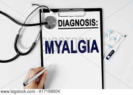 Medicine And Health Concept. On The Table Are A Stethoscope, A Pill Thermometer, And A Diagnosis She