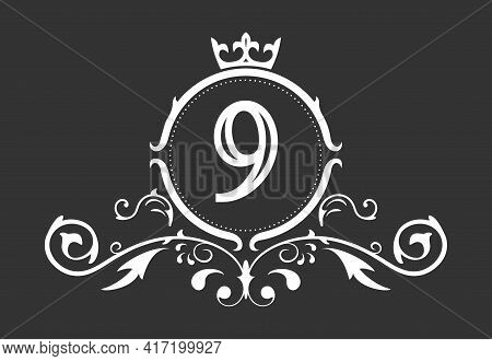 Stylized Number 9. Ornament And Crown Monogram Template For Business Cards, Logos, Emblems And Heral