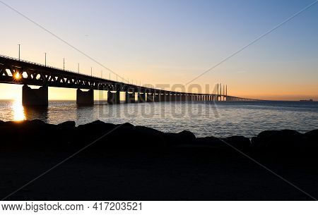 Sun Aproaching Sunset At Oresund Bridge Sweden Side
