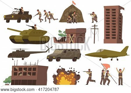 War Flat Icon Set With Destroyed Buildings Military Tanks Explosions Helicopters And Military Aircra