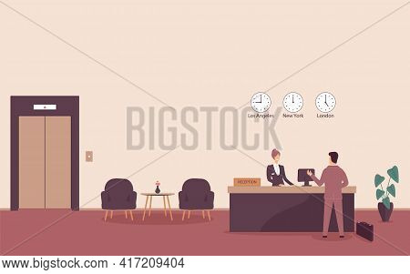 Woman Receptionist Behind Workplace In Hotel Or Bank Lobby Talking With Guest. Interior Of Modern Re