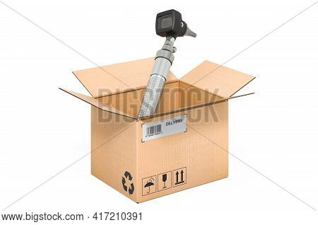 Otoscope Inside Cardboard Box, Delivery Concept. 3d Rendering Isolated On White Background