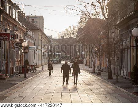 Pancevo, Serbia - March 5, 2021: People Walking On Njegoseva Ulica Street, A Pedestrian Street Of Th