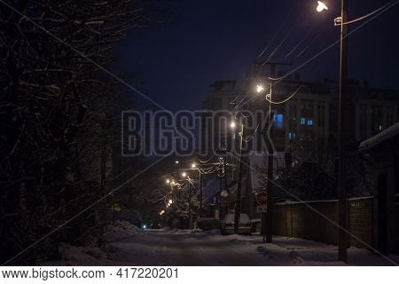 Pancevo, Serbia - January 17, 2021: Selective Blur On A Road Of Residential Street Of Pancevo, Vojvo