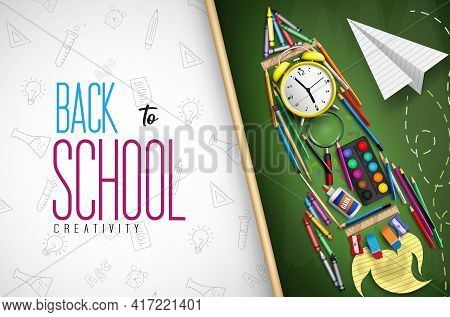 Back To School Vector Concept Design. Back To School Creativity Text With Education Supplies In Rock