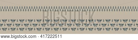 Hand Carved Butterfly Block Print Seamless Border Pattern. Rustic Naive Folk Motif Illustration Bann