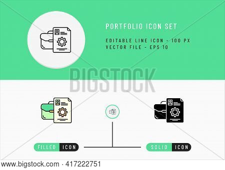 Portfolio Icons Set Editable Stroke Vector Illustration. Employment Business Symbol. Icon Line Style