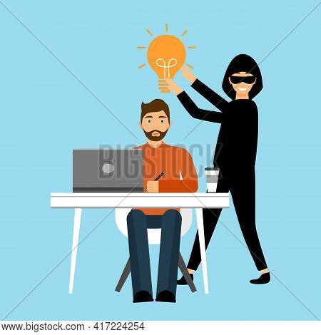 Thief Stealing Lightbulb From Businessman In Flat Design. Business Idea Thief. Data Or Idea Stealing