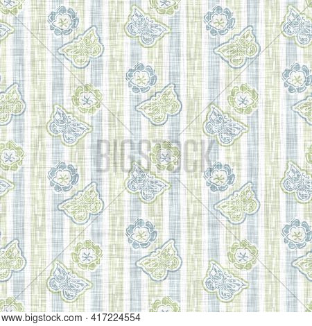 Seamless Linen Butterfly Blockprint Pattern Background. Calm Pale Tonal Pastel Color Wallpaper. Simp