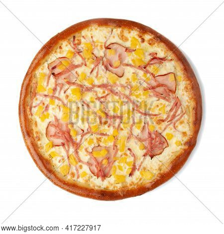 Hawaiian Pizza With
Ham Chop, Pineapple, Mozzarella Cheese, Top View. White Background. Isolated.
