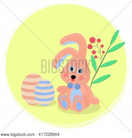 Greeting Card With Easter Bunny. Toy Bunny With Easter Eggs On A Background Of Plants