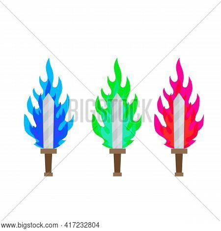 Fiery Sword. Magic Weapon Of A Knight, A Sorcerer, A Magician. Green Acid And Blue Fire Spell. The M
