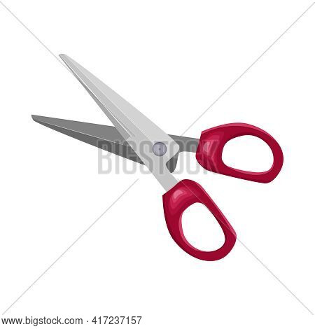 Scissor Isolated On White Background. Metal Opened Stationery Scissor Icon. Shears With Red Plastic 