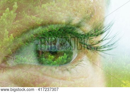 Concept Of Saving Planet, Nature And Earth, Eco Friendly And Consciousness. Double Exposure With Mac