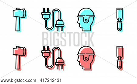Set Line Worker Safety Helmet, Wooden Axe, Electric Plug And Rasp Metal File Icon. Vector