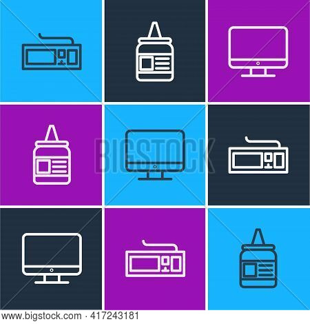Set Line Keyboard, Computer Monitor Screen And Glue Icon. Vector