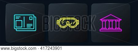 Set Line Passport With Visa Stamp, Museum Building And Ski Goggles. Black Square Button. Vector
