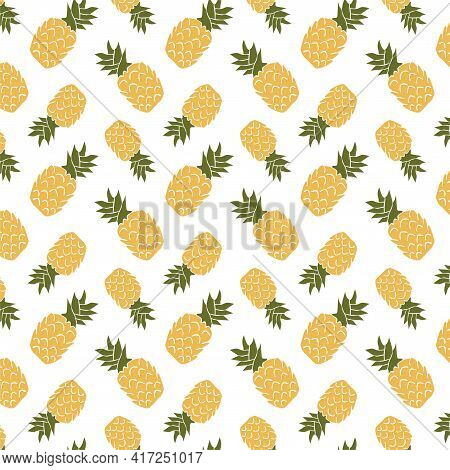 Abstract Boho Pineappels Yellow Green Seamless Pattern On White Background Hand Drawn Fruits For Tex