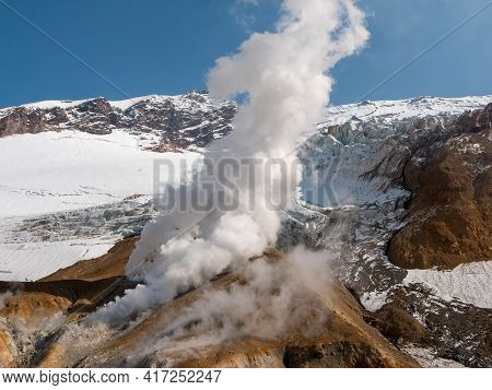 Panorama View Of The Opasny Canyon Near The Mutnovsky Volcano. The Depth Of The Canyon Surprises Wit