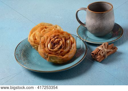 Fresh Baked Chebakia For Ramadan. Chebakia Moroccan Pastries. Made Of Strips Of Dough Rolled To Rese