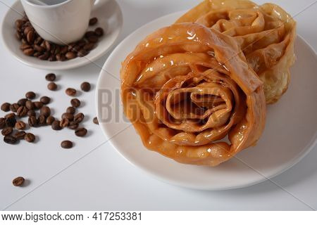 Fresh Baked Chebakia For Ramadan. Chebakia Moroccan Pastries. Made Of Strips Of Dough Rolled To Rese