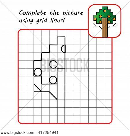 Educational Game For Kids. Simple Exercise. Tree. Drawing Using Grid. Symmetrical Drawing. Vector Il