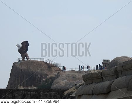 Closeup Of Beautiful Attraction Huge Statue Open Wing Eagle Or Jatayu Park At Lepakshi Above The Roc