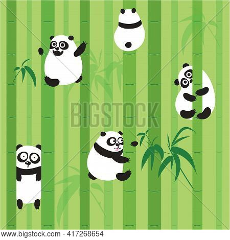 Cute Funny Panda Is Sitting On A Green Bamboo Vector Seamless Pattern