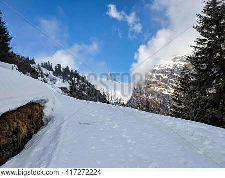 The Zervreilahorn Between The Clouds. The Bundner Matterhorn. Ski Tour On The Fanellhorn On A Beauti