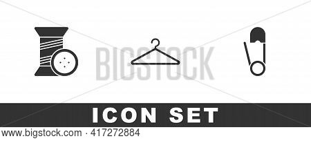 Set Sewing Thread And Button, Hanger Wardrobe And Safety Pin Icon. Vector