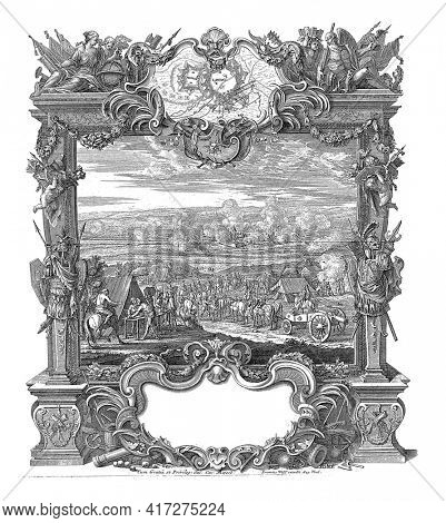 Capture of Landau, 1704, vintage engraving.