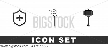 Set Shield, Magic Staff And Hammer Icon. Vector