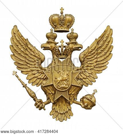 Golden Double-headed Crowned Eagle Isolated On White Background. Design Element With Clipping Path