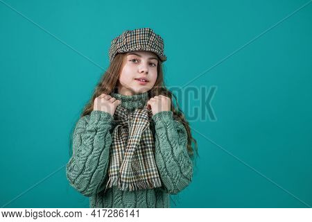 Teen Girl Wear Knitted Sweater And Scarf With Cah In Winter Weather, Warm Clothes