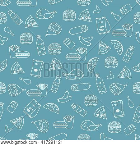 Vector Food Seamless Pattern Illustration Cooking Fast Food Snack Picnic Harmful Eating Habits Unhea